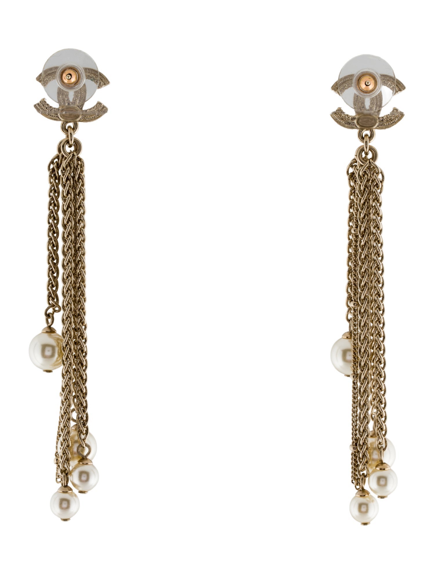 Chanel Faux Pearl CC Chain Drop Earrings